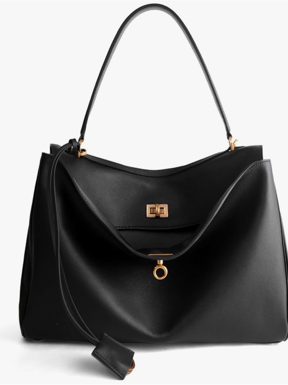 Black Leather Top-Handle Tote with Gold Hardware